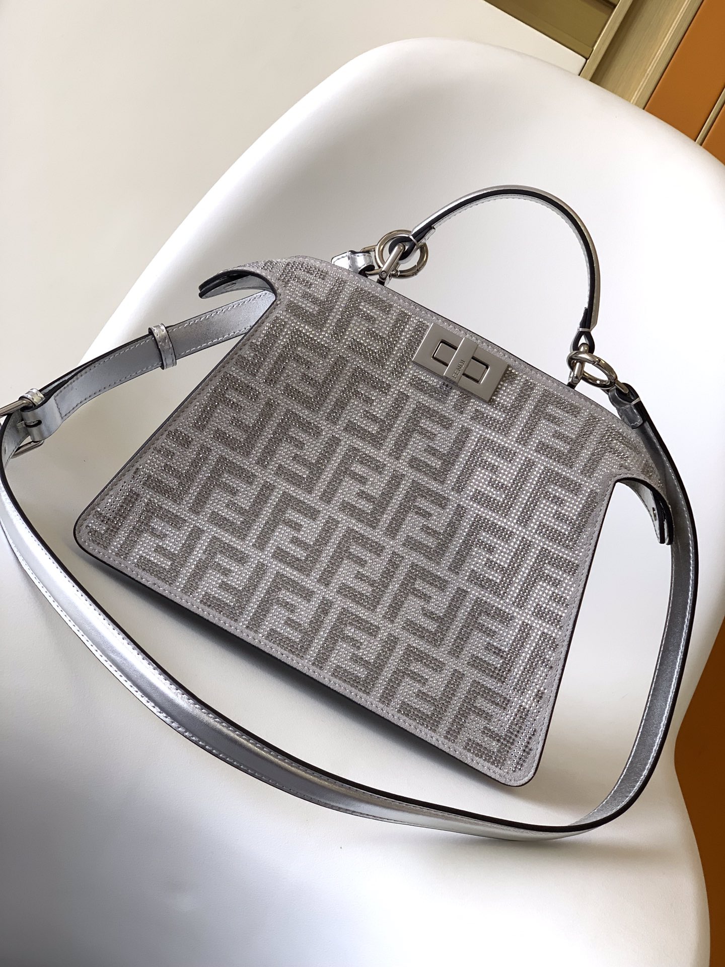 Fendi Peekaboo ISeeU Small Silver Grey FF Calf Leather Bag